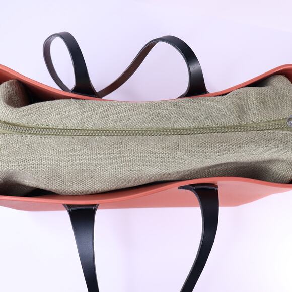 O BAG Classic Tote Bag Coral with Sage Canvas Insert Brown Shoulder Straps - Picture 6 of 9